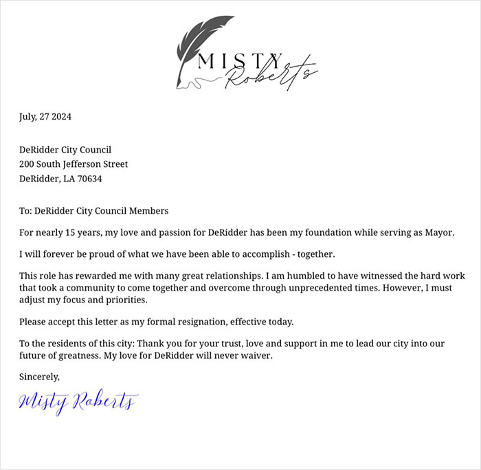 Resignation letter from former Louisiana mayor Misty Roberts addressing DeRidder City Council members.