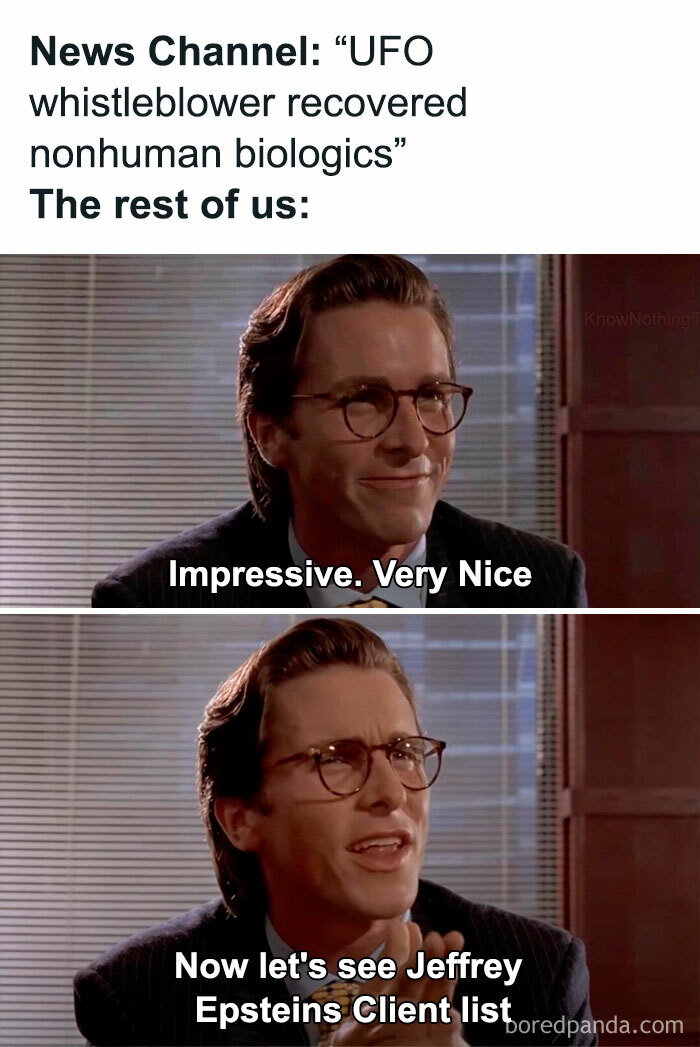 Man with glasses reacting to UFO whistleblower news, reflecting humor in posts and memes about our lives.