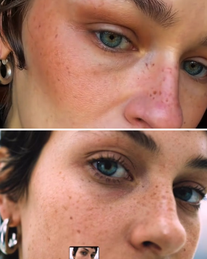 Close-up views of a model's face highlighting details in an AI-generated fashion brand ad controversy.