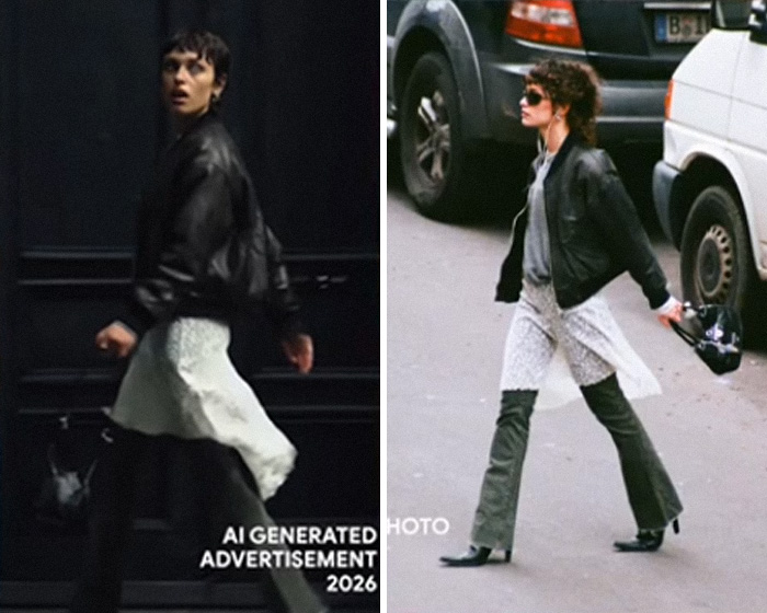 Model in black leather jacket and patterned skirt walking, highlighting fashion brand AI photo plagiarism controversy.