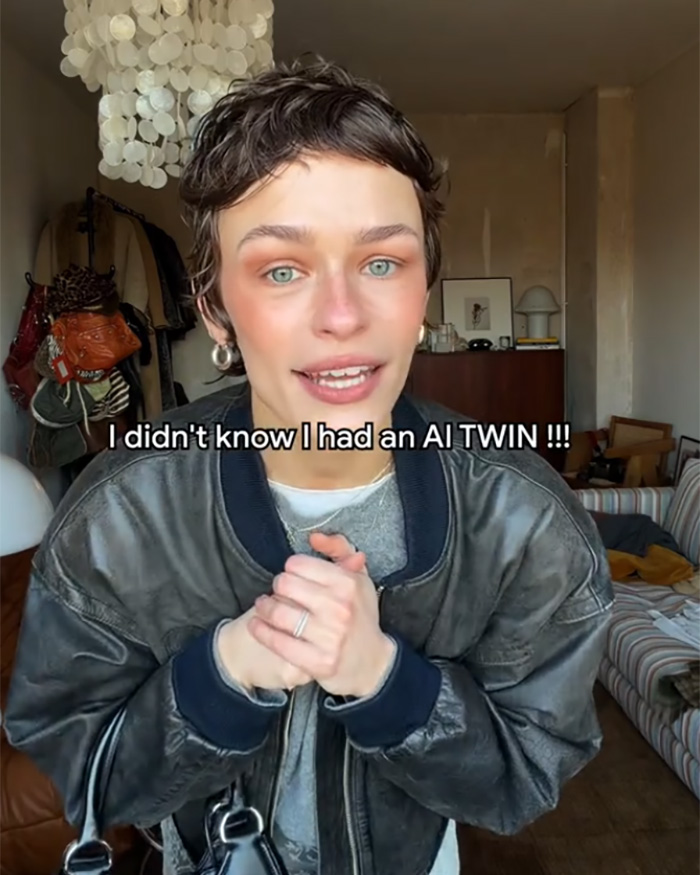 Model expressing surprise about AI photos in a controversial ad by a fashion brand plagiarizing her likeness.