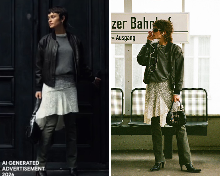 Model wearing leather jacket and skirt, highlighting fashion brand controversy over AI-generated photos and likeness plagiarism.