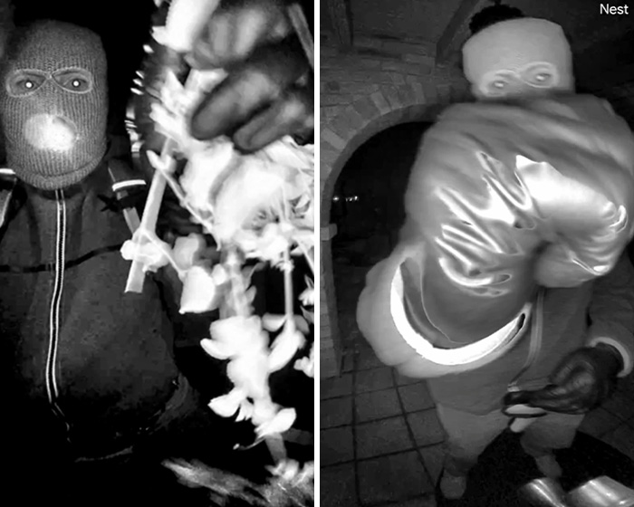 Masked individual wearing gloves captured in two black and white images related to Nancy Guthrie case mystery solved.