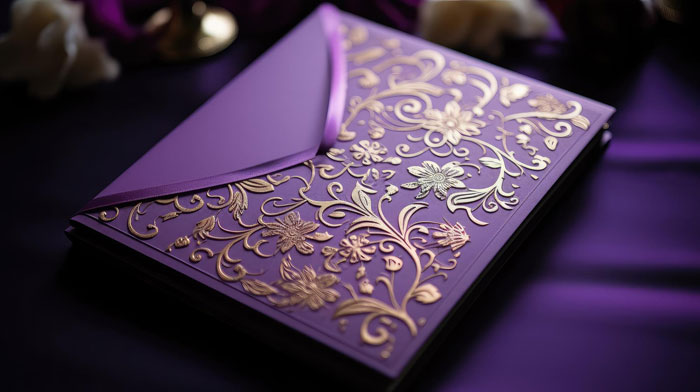Purple wedding invite with intricate gold floral patterns resting on a dark surface, symbolizing fancy wedding invites and misdelivery.