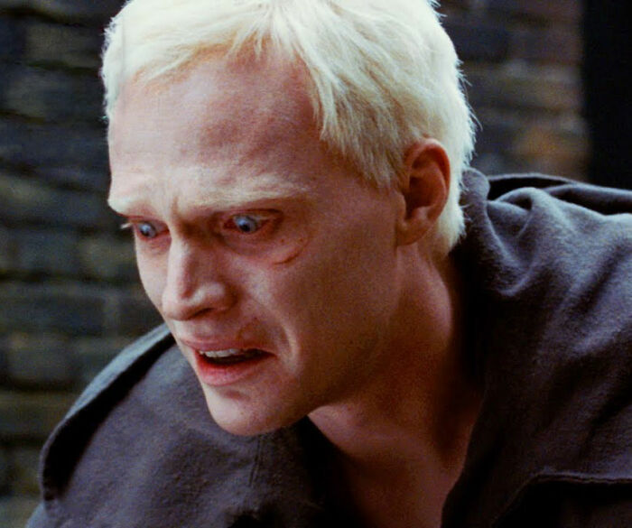 Actor portraying Voldemort in Harry Potter with pale skin and intense expression in dark robe scene. Actor portraying Voldemort in Harry Potter with pale skin and intense expression in dark robe scene.