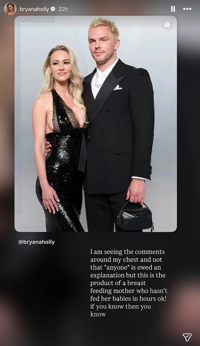 Model Bryana Holly poses with husband Nicholas Hoult at Oscars party, addressing body-shamers over her appearance.