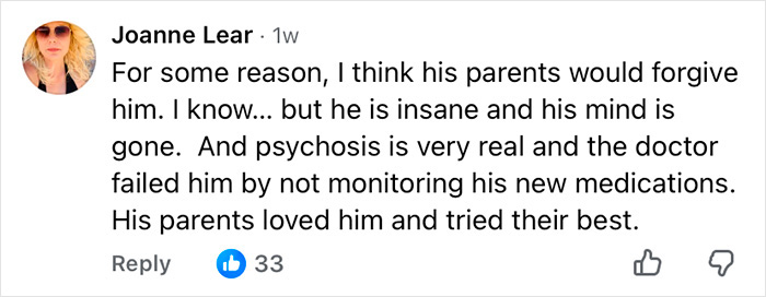 Comment from Joanne Lear discussing mental health concerns and medication monitoring in Nick Reiner&rsquo;s account raising questions.