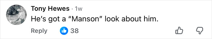 Screenshot of a social media comment by Tony Hewes mentioning a "Manson" look, related to Nick Reiner&rsquo;s account concerns.