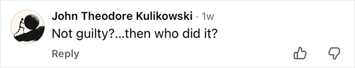 Comment by John Theodore Kulikowski questioning guilt, highlighting disturbing talk and breaking point signs in Nick Reiner&rsquo;s account.