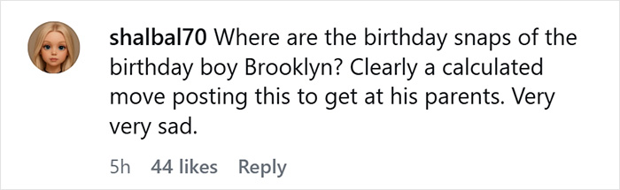 Comment criticizing Nicola Peltz's behavior in a birthday post for Brooklyn Beckham, calling it disturbing and calculated.