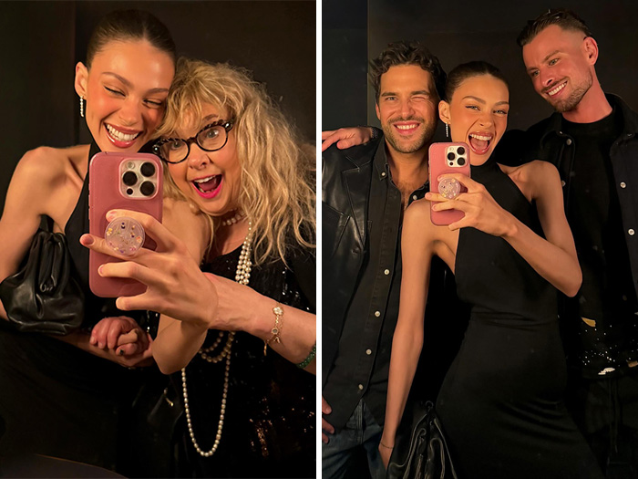 Nicola Peltz taking selfies with friends in black outfits, highlighting disturbing behavior called out in birthday post.