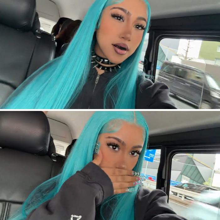 Young woman with long blue hair and spiked, pierced manicure posing inside a car in two selfies.