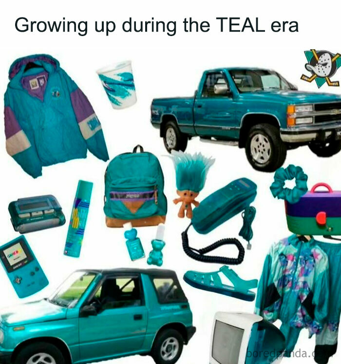 Teal era nostalgic items including jacket, backpack, Troll doll, retro Game Boy, and teal vehicles highlighting millennial childhood memories.