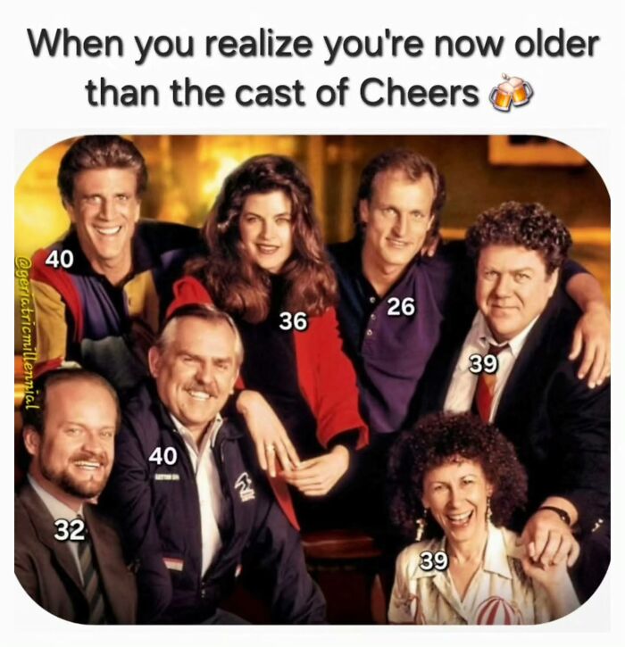 Cast of Cheers with ages labeled, highlighting nostalgia that might instantly transport millennials back to their childhood.