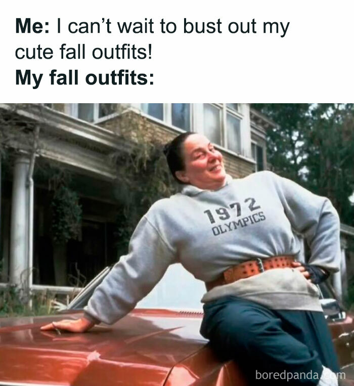 Person in oversized fall outfit leaning on a car, illustrating nostalgic posts that transport millennials back to childhood.