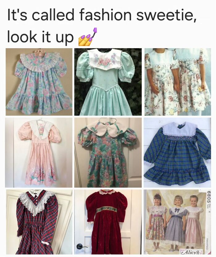 Collection of vintage children's dresses with floral patterns and puffed sleeves, evoking millennial childhood memories.