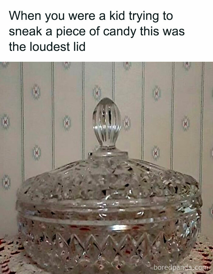 Vintage glass candy dish with a loud lid, a nostalgic memory to instantly transport millennials back to childhood.