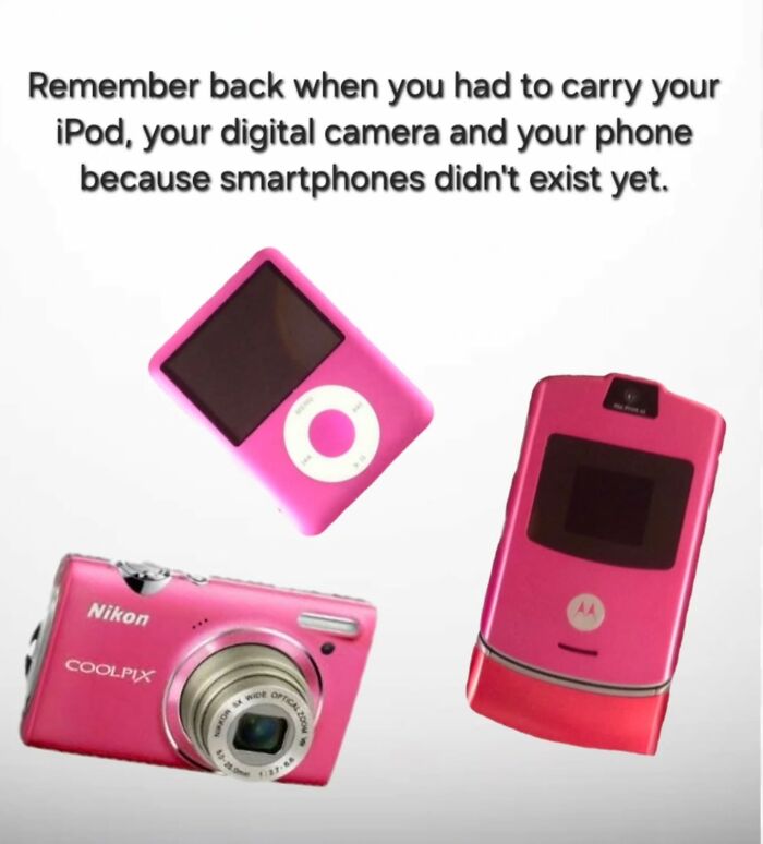 Pink iPod, digital camera, and flip phone representing millennial childhood nostalgia and retro tech gadgets.