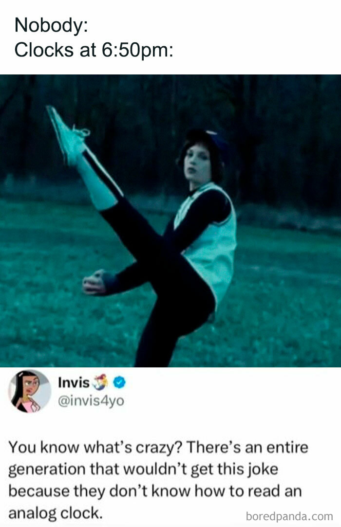 Millennials childhood meme referencing reading analog clocks and nostalgic jokes from the past.