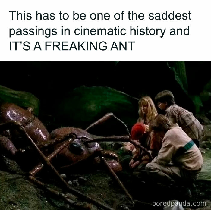 Scene from movie with kids gathered around a giant ant, evoking millennial childhood memories and nostalgia.