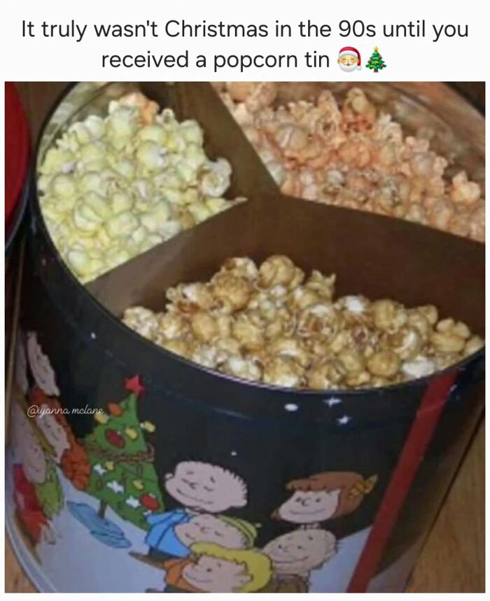 90s Christmas popcorn tin with multiple flavors evokes nostalgia and instantly transports millennials back to their childhood.