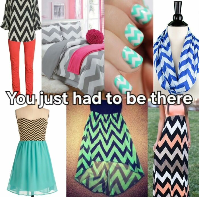 Various fashion and decor items featuring bold chevron patterns, evoking millennial childhood nostalgia.
