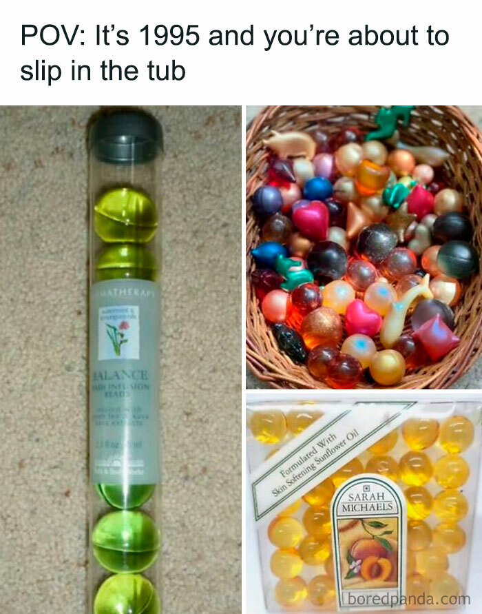 Bath oil capsules in colorful shapes from the 90s, evoking millennial childhood nostalgia and memories from 1995.