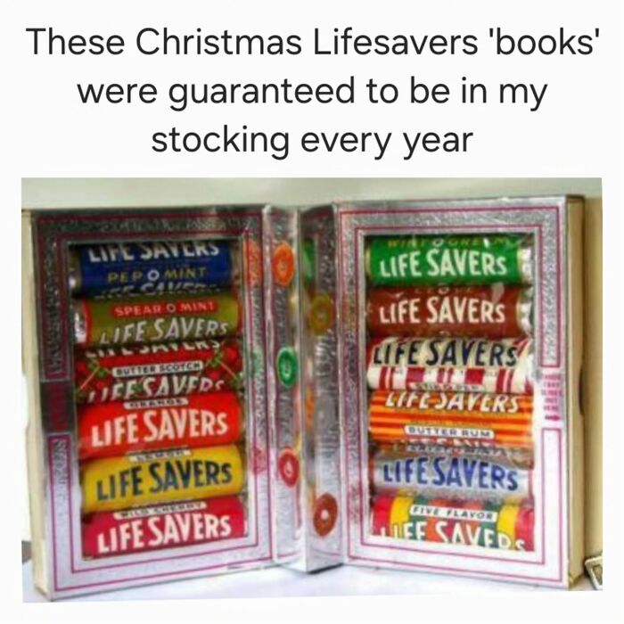 Colorful Life Savers candy rolls displayed as Christmas stocking treats, evoking millennial childhood nostalgia.