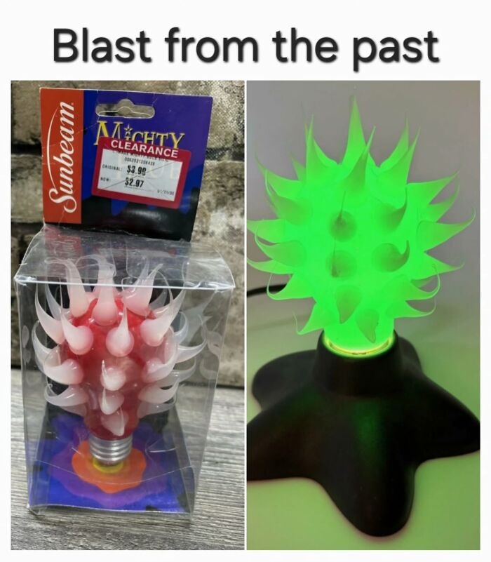 Spiky retro lamp toy in packaging and glowing green, a nostalgic childhood item for millennials.
