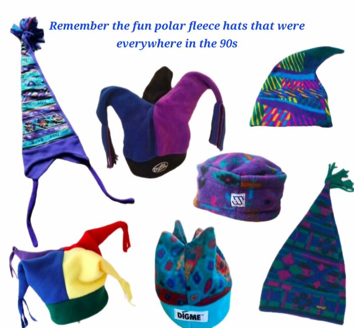 Colorful polar fleece hats from the 90s popular among millennials evoking childhood memories and nostalgic fashion trends.