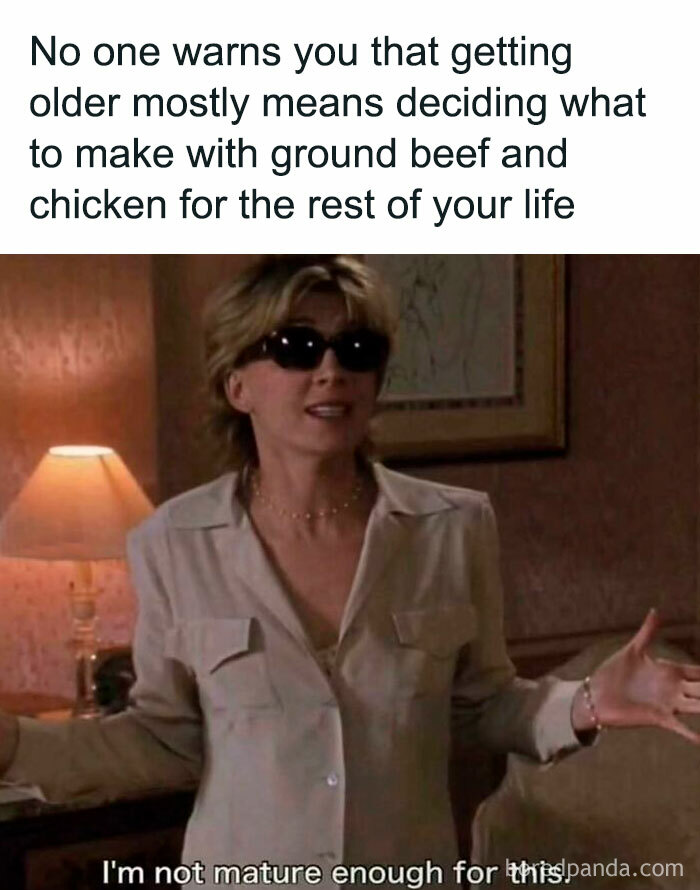 Woman in sunglasses with caption about adulthood and cooking, a nostalgic post that might transport millennials back to childhood.