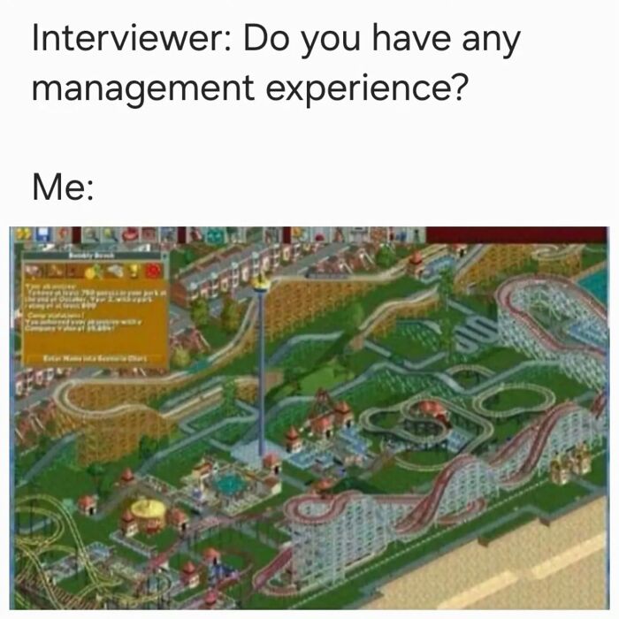 Interview meme showing a colorful roller coaster park from a classic management simulation game for millennials' childhood nostalgia.