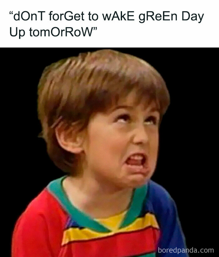 Child making a funny face wearing a colorful striped shirt in a nostalgic post transporting millennials back to childhood