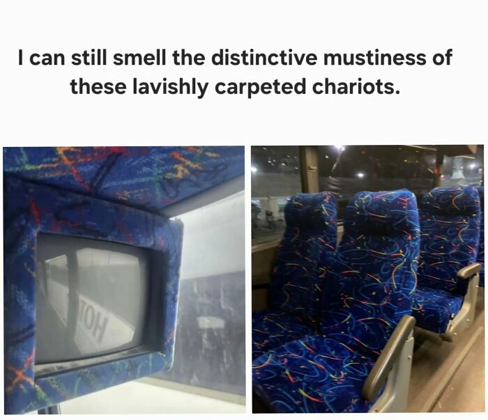 Bus seats with distinctive patterned carpet upholstery, evoking nostalgia for millennials' childhood memories.
