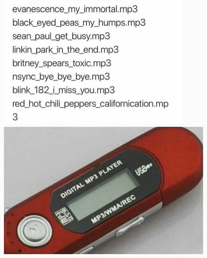 List of popular 2000s mp3 files with a red digital mp3 player, evoking millennial childhood nostalgia.