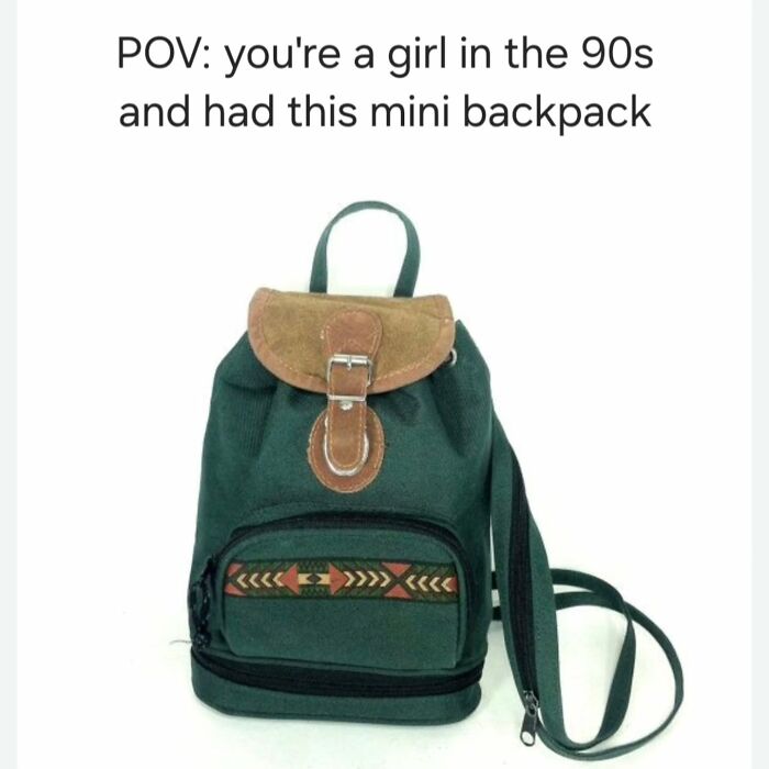90s mini backpack with leather flap and ethnic pattern, a nostalgic childhood item for millennials.