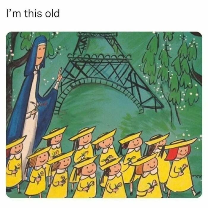 Cartoon of children in yellow hats and gowns with a nun, evoking nostalgia and childhood memories for millennials.