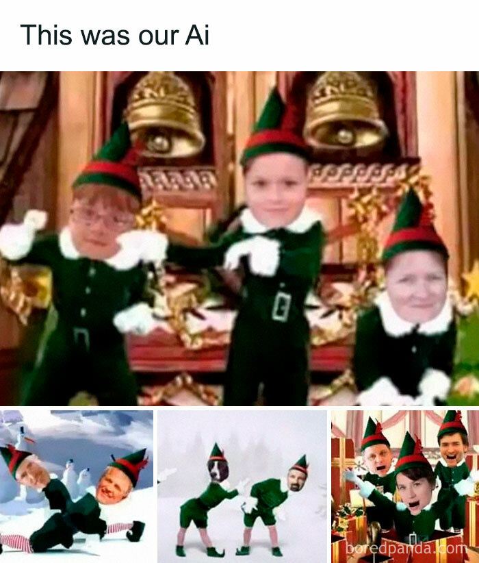 Adults' faces edited onto elves dancing in festive scenes, evoking nostalgia in millennials' childhood memories.