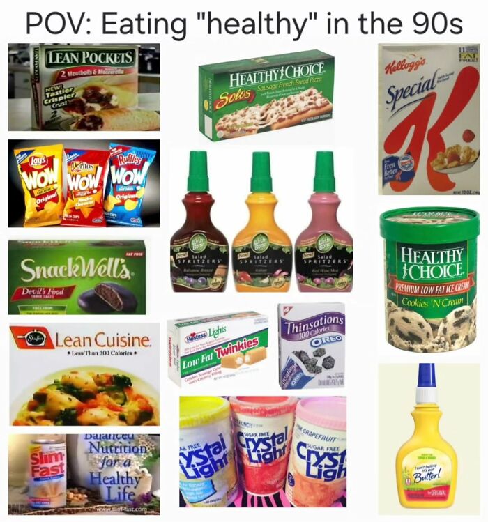 90s healthy snacks and meals including Lean Pockets, Healthy Choice, Special K, and nostalgic low-fat treats from childhood for millennials.