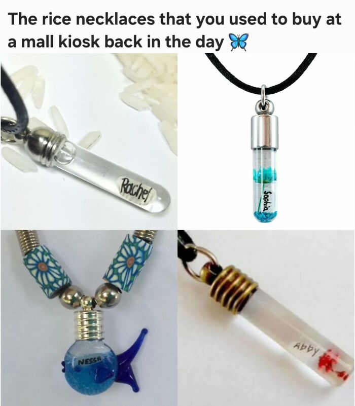 Rice necklaces with names in small glass tubes, a nostalgic millennial childhood accessory from mall kiosks.