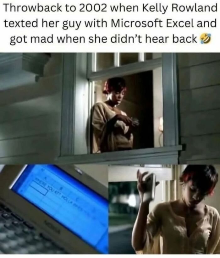 Millennial childhood throwback showing Kelly Rowland texting with Microsoft Excel on an old device, nostalgic tech moment.