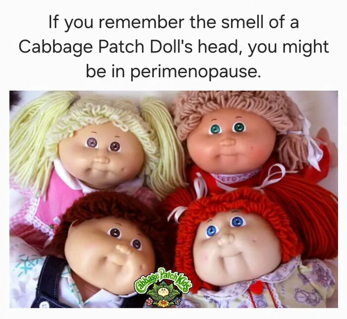 Four classic Cabbage Patch Kids dolls with colorful hair, evoking millennial childhood nostalgia.