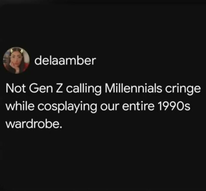 Text post about Millennials and 1990s fashion referencing nostalgia for childhood among Millennials.