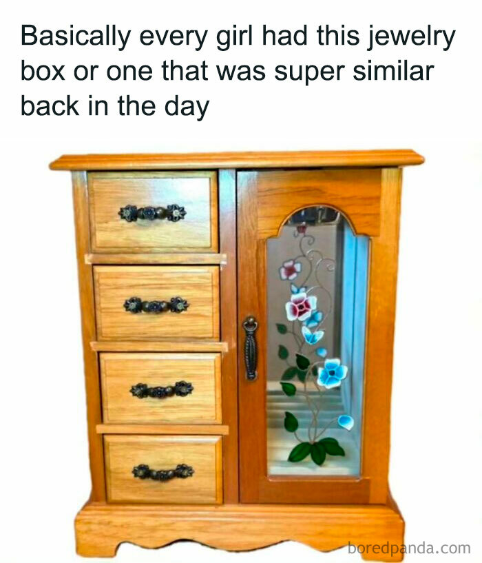 Wooden jewelry box with floral glass door, a nostalgic item that might instantly transport millennials back to their childhood.