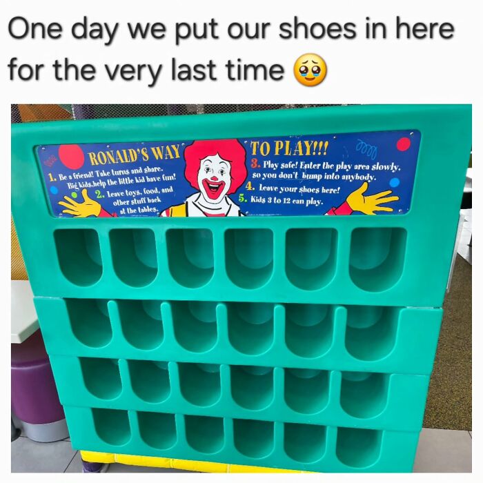 Millennials childhood nostalgia with Ronald McDonald shoe rack at a play area reminding kids to leave shoes behind.