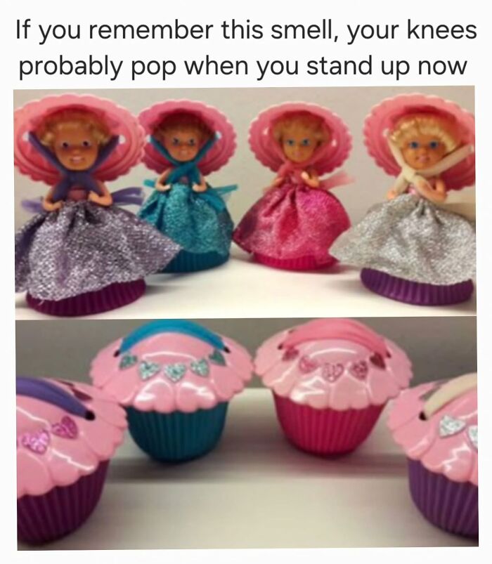 Vintage cupcake doll toys with glittery dresses, evoking nostalgia and instantly transporting millennials back to their childhood memories.