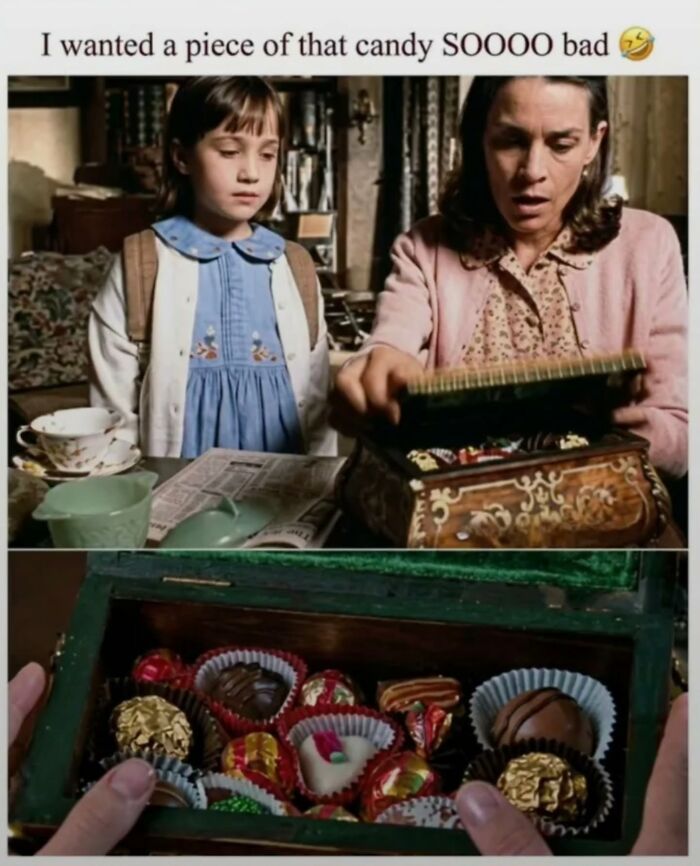 Scene from a nostalgic childhood movie with a girl and woman discovering a box of assorted chocolates, evokes millennial memories.