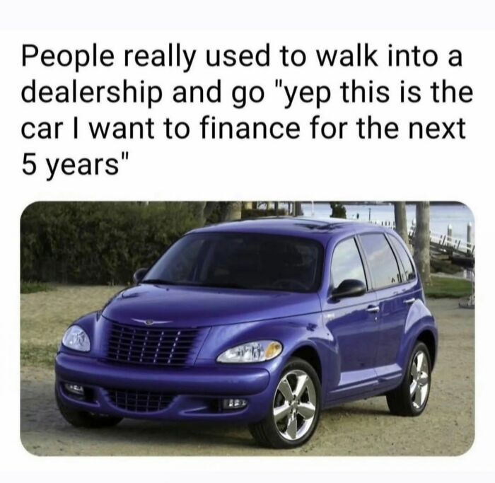 Humorous meme featuring a vintage purple car and nostalgic text about financing a car, evoking millennial childhood memories.