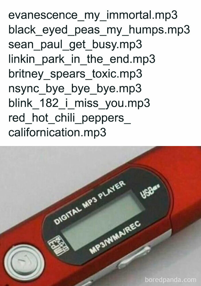 List of popular 2000s mp3 files with a red digital mp3 player, evoking millennial childhood nostalgia.