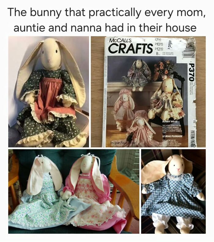 Vintage bunny dolls in handmade dresses, evoking nostalgia and childhood memories for millennials.
